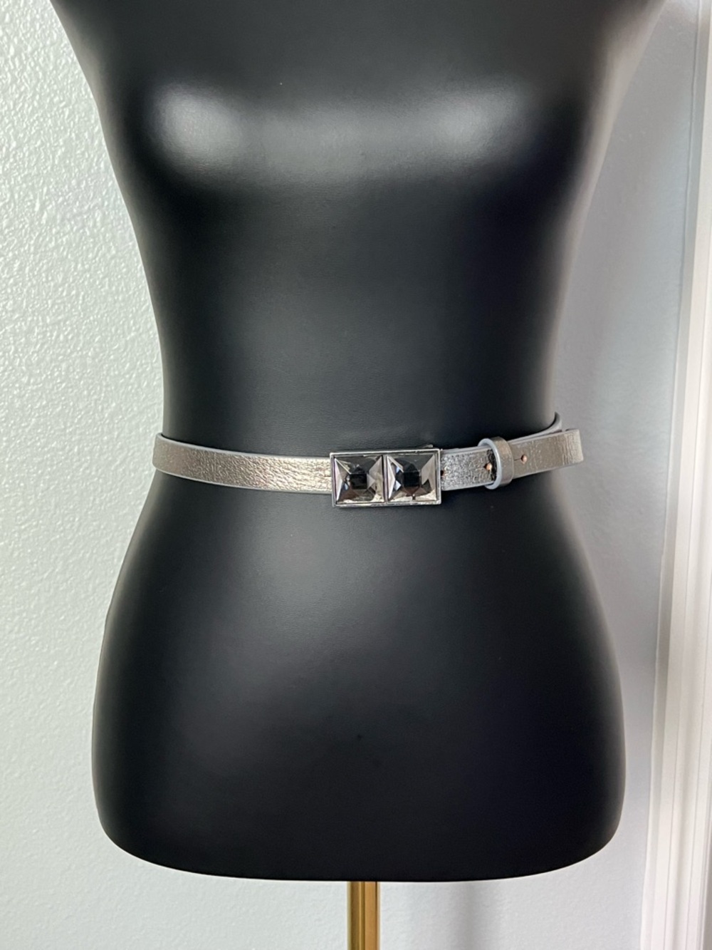 Banana Republic Metallic Silver Skinny Belt with Faceted Gem Buckle